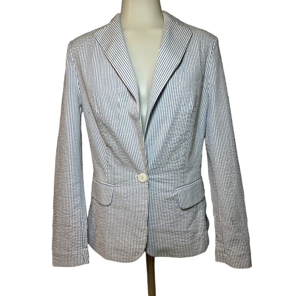 Venus Women’s Blazer Coat Jacket Size 2 Blue & White Seersucker 1 Button Career